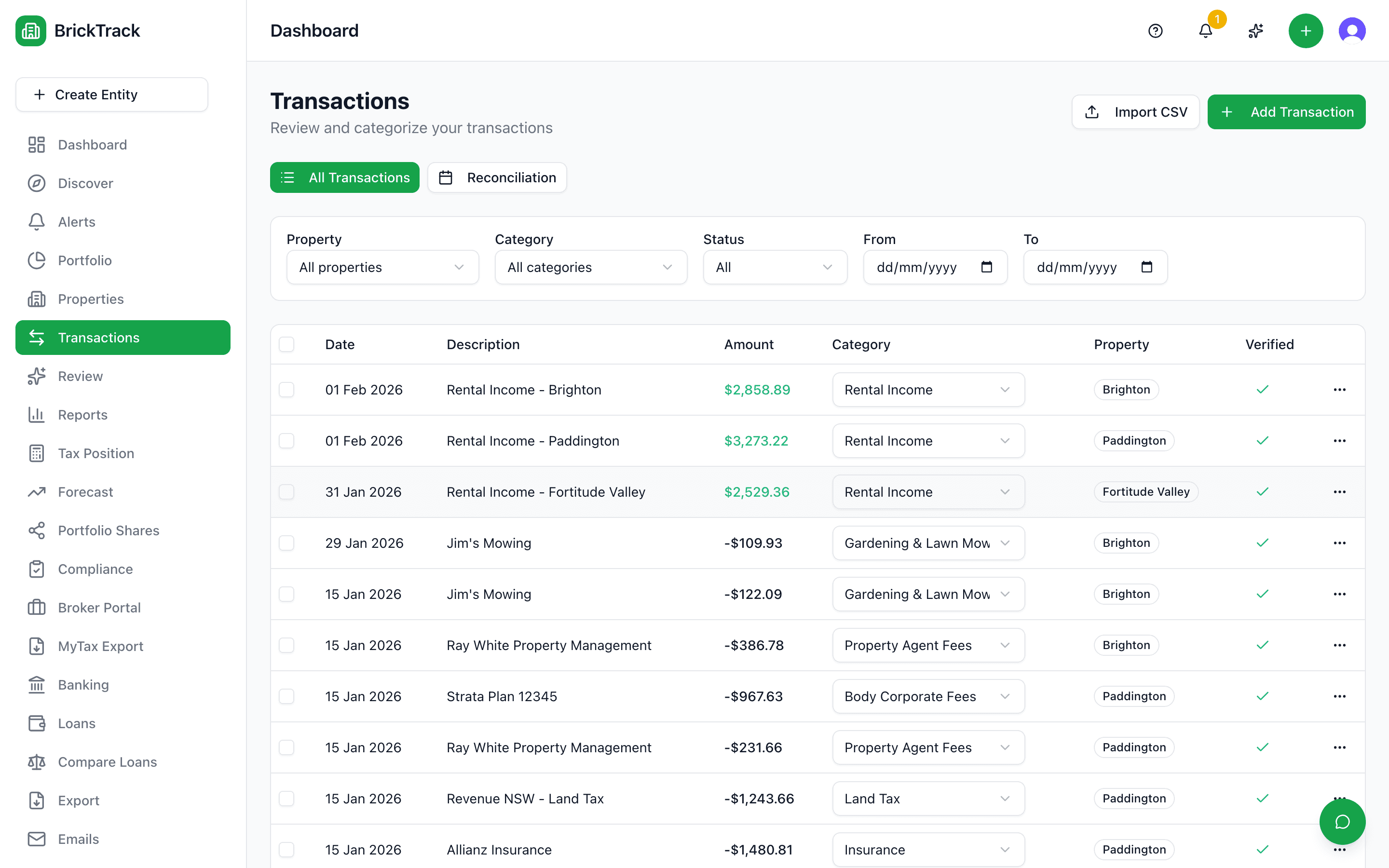 BrickTrack banking page showing connected bank accounts with Commonwealth Bank transaction and offset accounts