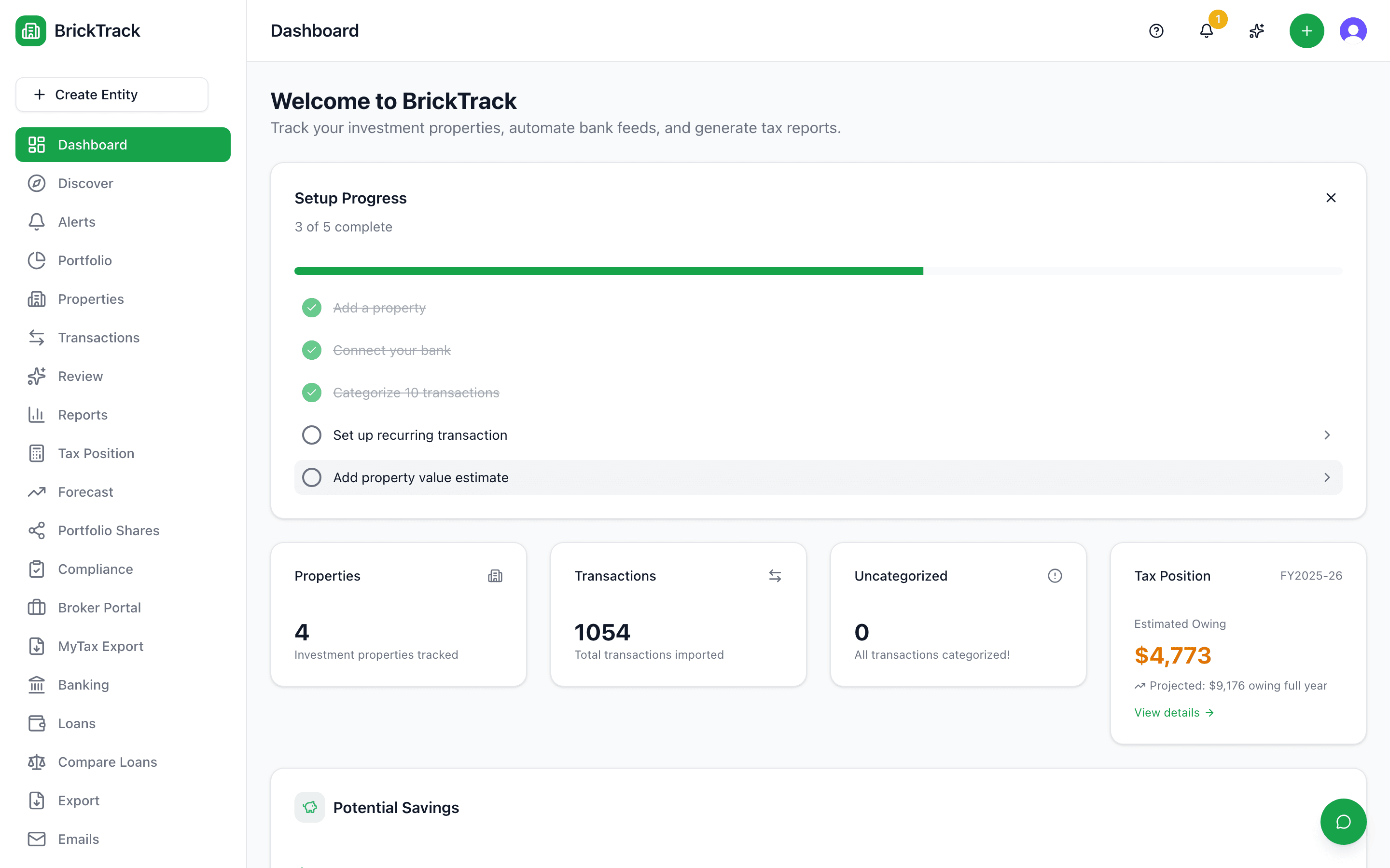 BrickTrack dashboard showing portfolio overview with properties, transactions, potential savings, and rental yield metrics