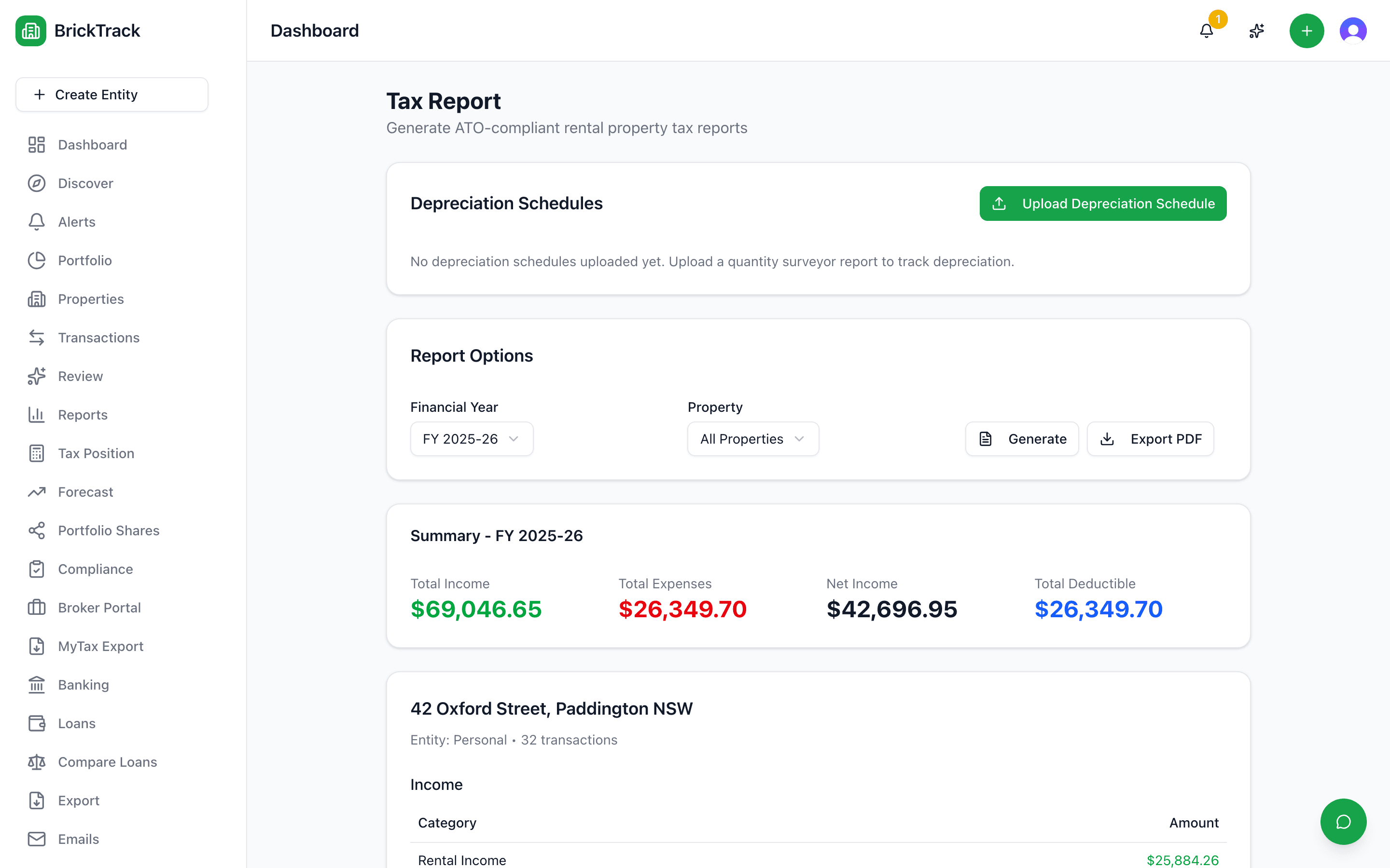 BrickTrack report screen showing property transaction summaries